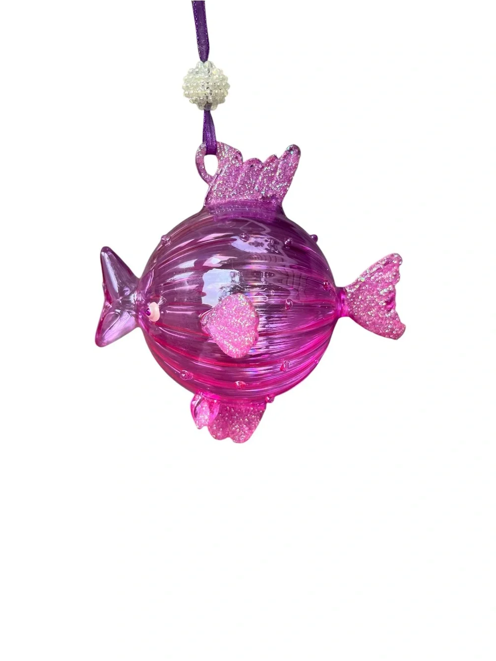 Pier 1 Imports Purple Blow Puffer Fish Blown Glass Christmas Ornament